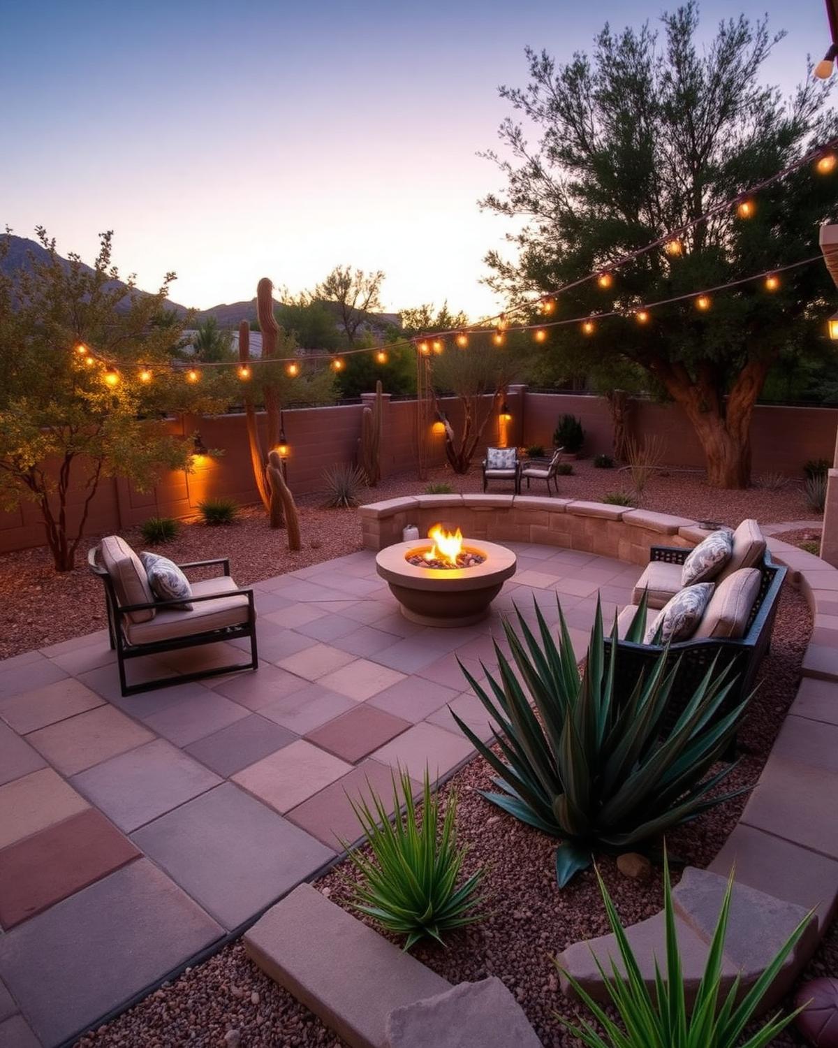 Backyard flagstone patio with fire pit and agave in an El Paso desert landscape