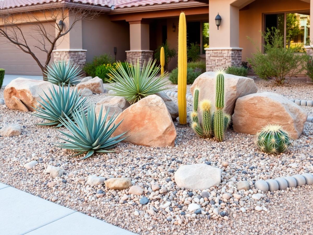 Desert rock landscaping with boulders, agave, and decorative gravel in El Paso