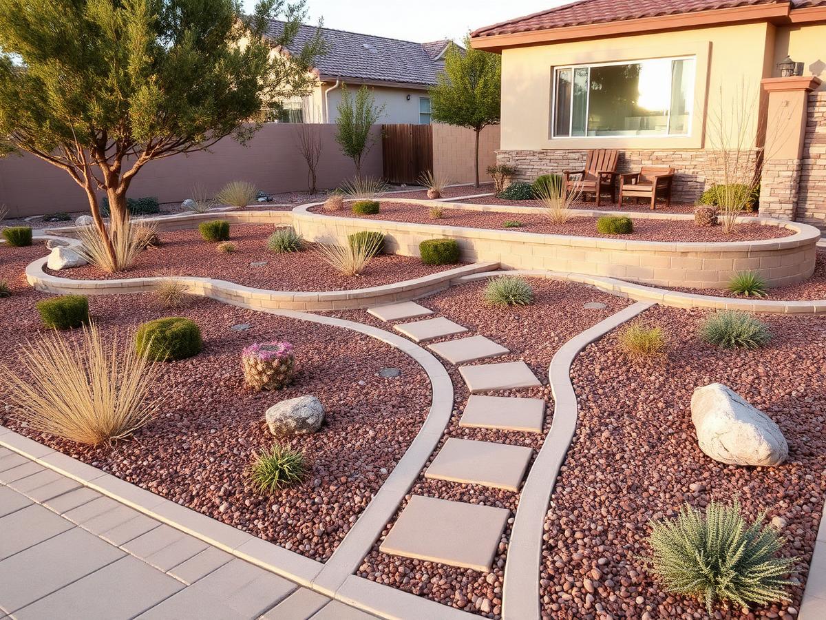 Newly installed desert landscape design with paver walkway and layered planting beds at an El Paso home