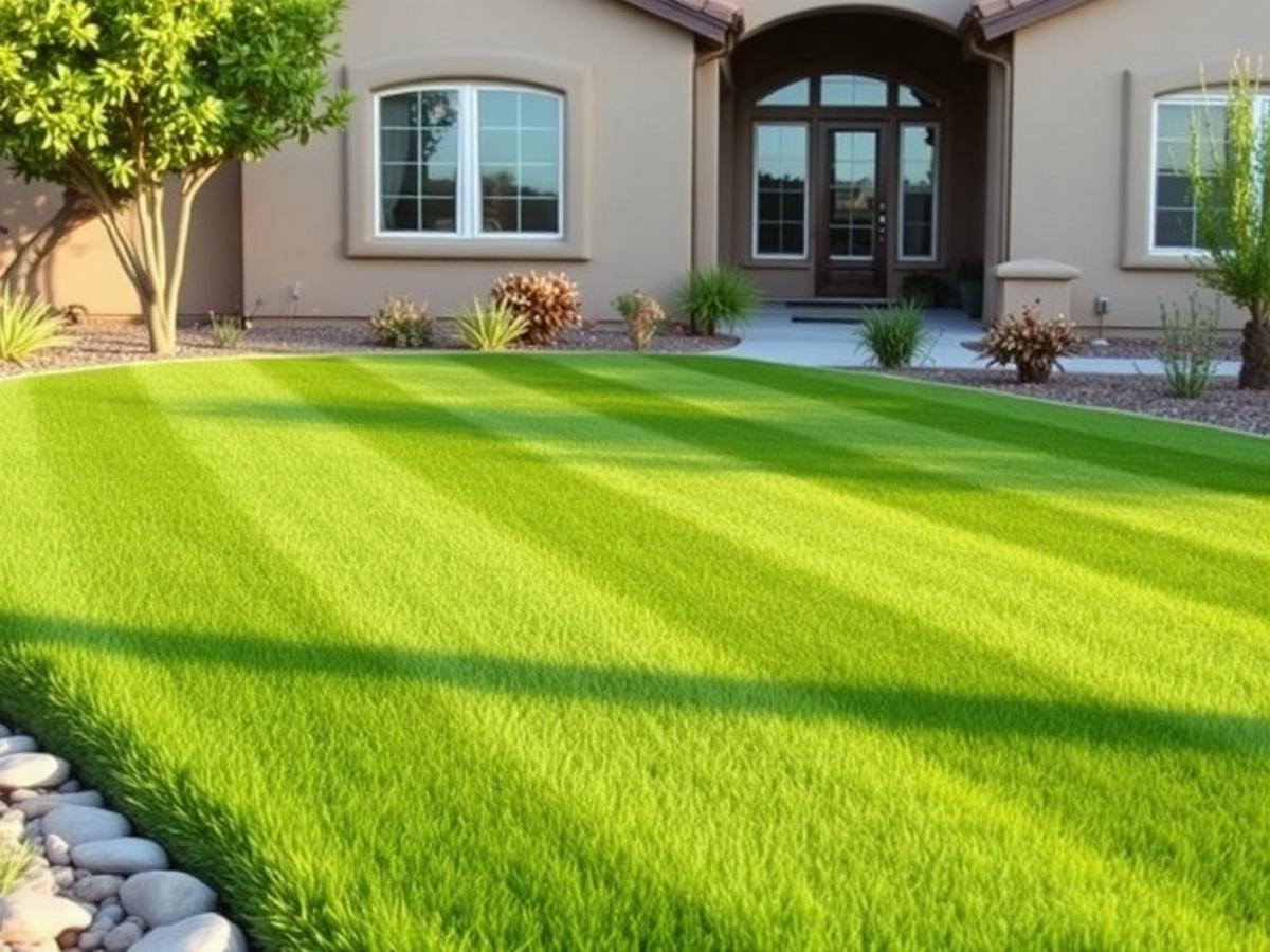Healthy green lawn with mowing stripes in front of a southwestern stucco home